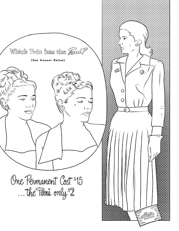 "American Vintage: A Coloring Book Inspired by 1940's Women's Magazines" 48 pages including cover. 8 1/2" x 11"