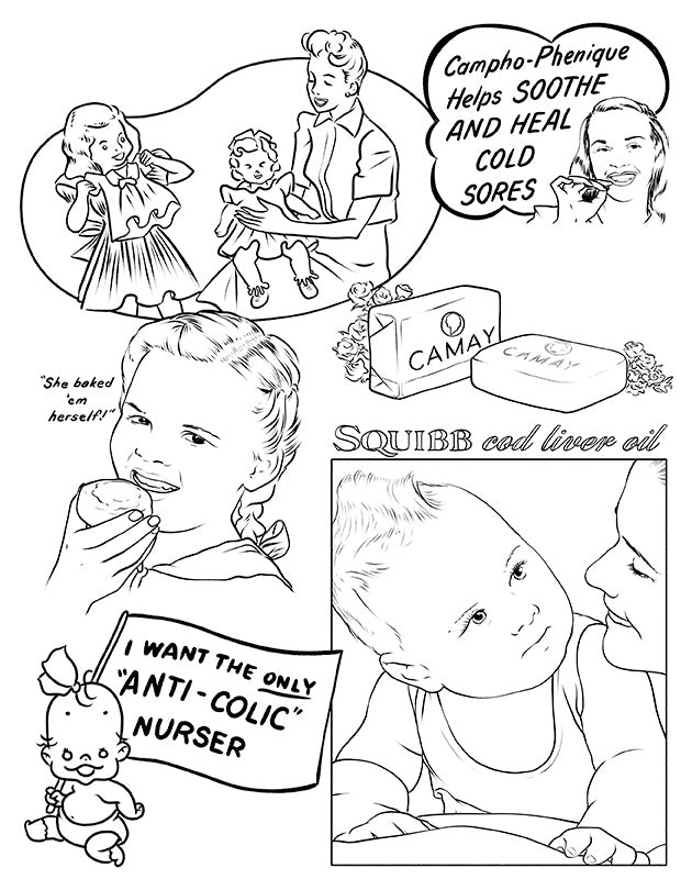 "American Vintage: A Coloring Book Inspired by 1940's Women's Magazines" 48 pages including cover. 8 1/2" x 11"