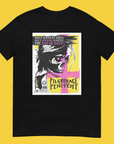 A black t-shirt with a printed design featuring a skull, crossbones, and text related to the 'Pilgrimage of the Penitent' game.