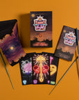 Neon-themed card game packaging on an orange background