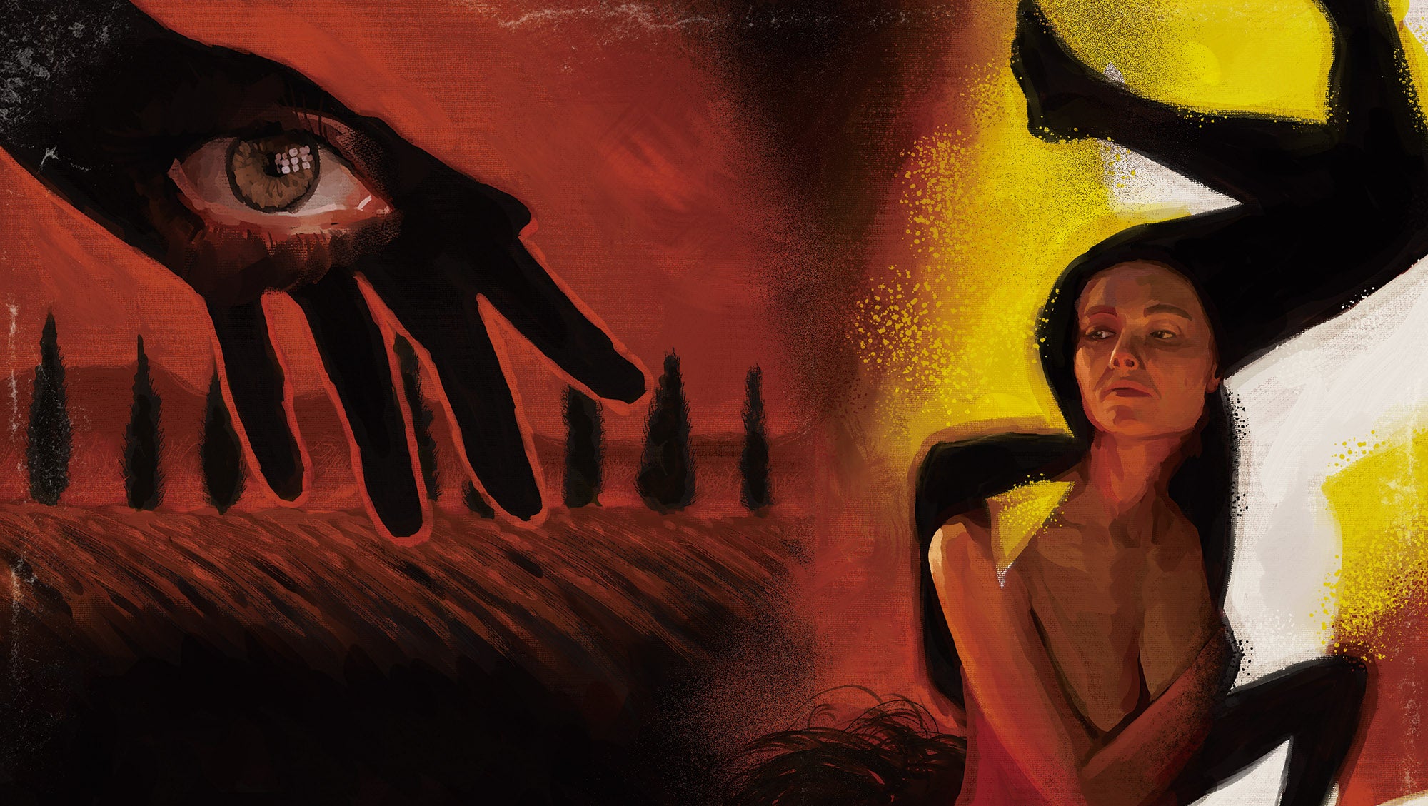 A forlorn woman and a hand reaching over  coutnryside