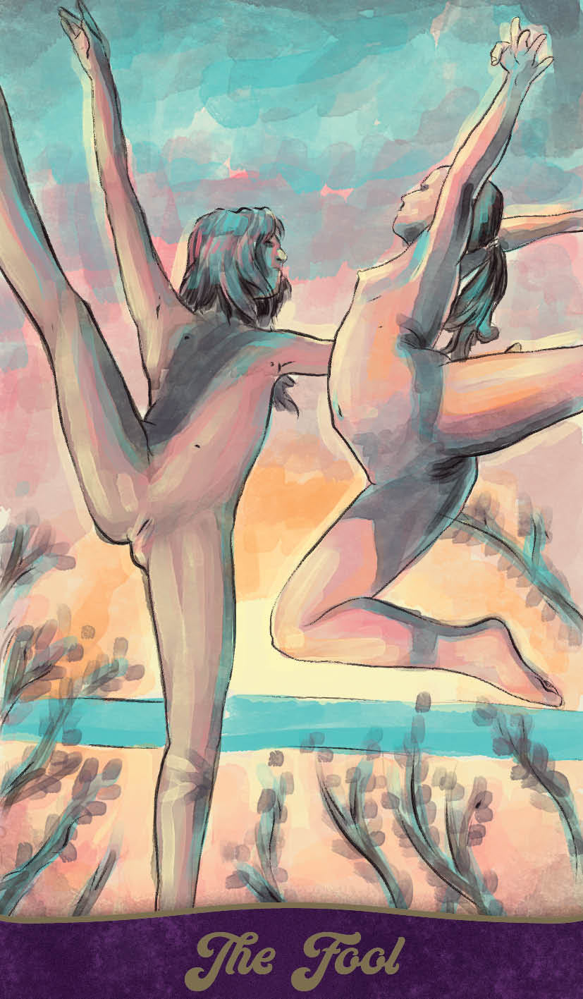 Artistic depiction of 'The Fool' from a tarot card series, featuring two nude figures in a dynamic pose against a colorful sky.
