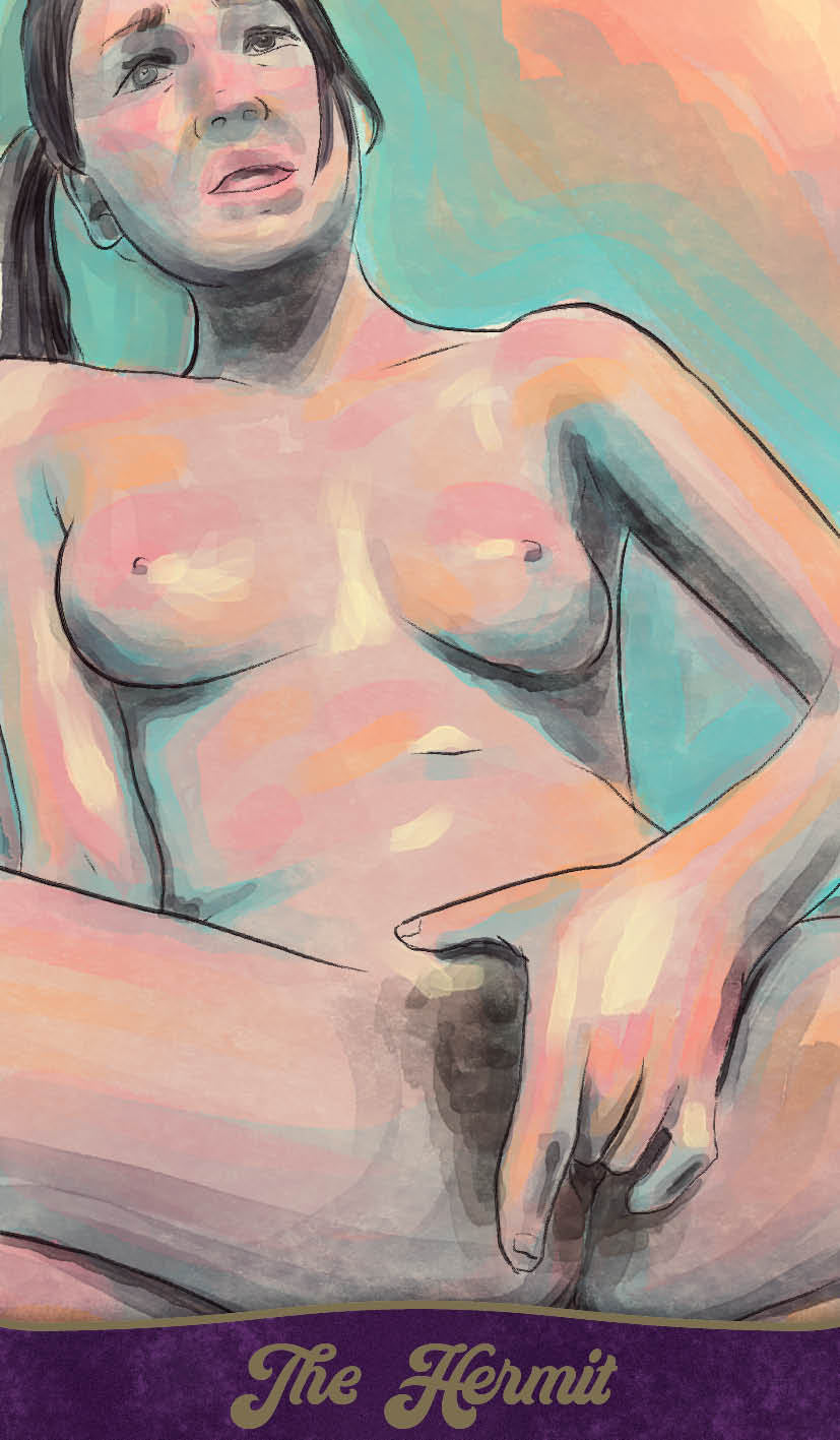 Artistic depiction of a nude figure with abstract colors and 'The Hermit' text at the bottom.