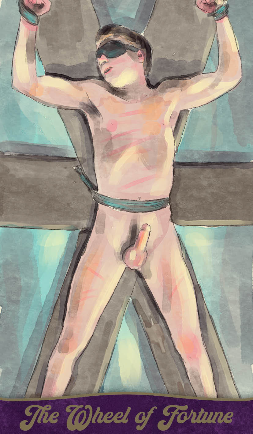 Artistic depiction of a nude figure with blindfold on, labeled 'The Wheel of Fortune'.