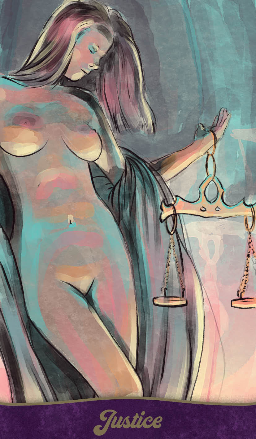 Artistic depiction of a woman holding scales with 'Justice' at the bottom