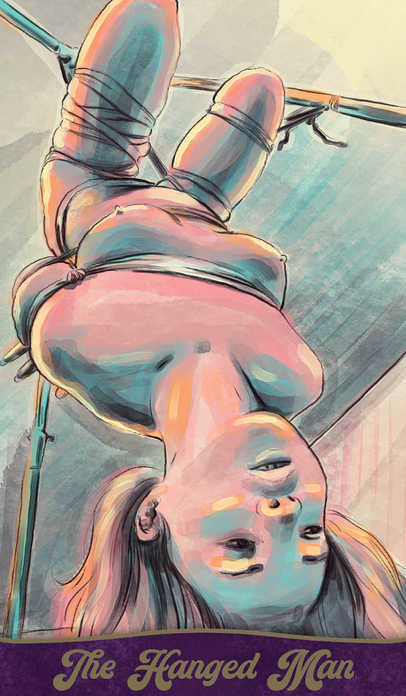 Illustration of 'The Hanged Man' tarot card with a person hanging upside down.