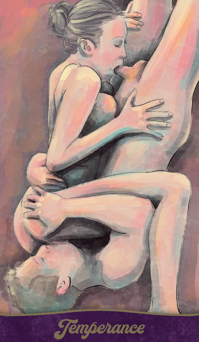 Artistic depiction of a woman embracing a man with 'Temperance' at the bottom.