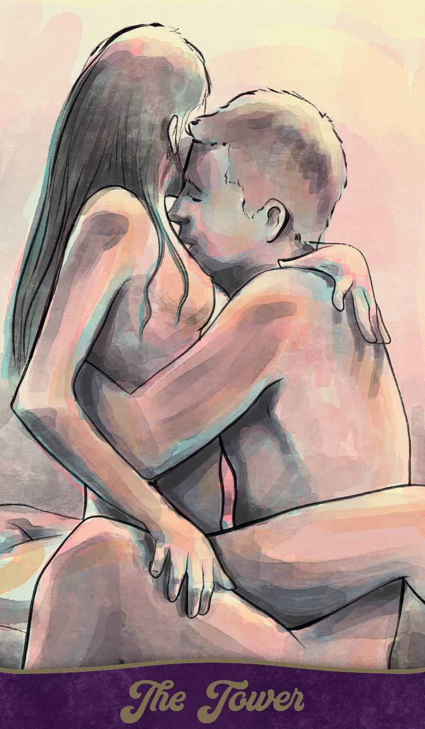 Artistic depiction of a couple embracing with 'The Tower' tarot card text at the bottom.