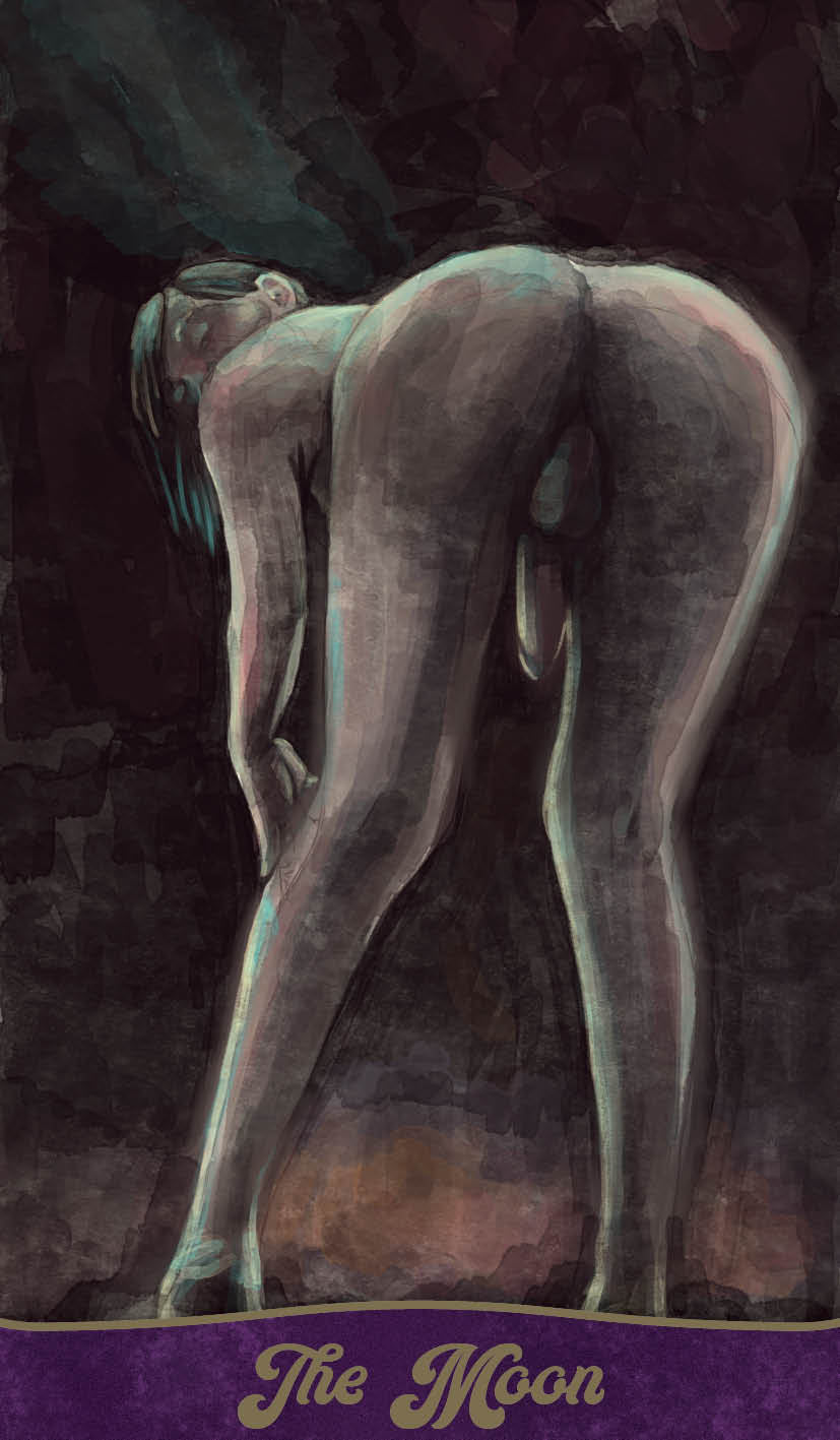 Artistic depiction of a nude figure with teal hair against a dark background, labeled 'The Moon'.