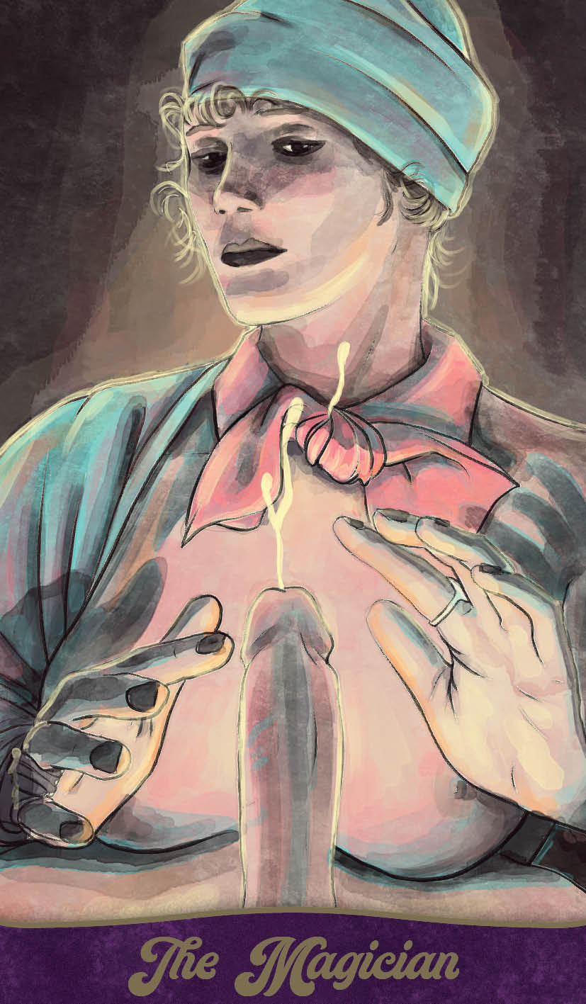 Illustration of 'The Magician' tarot card with a person holding a candle against a dark background.