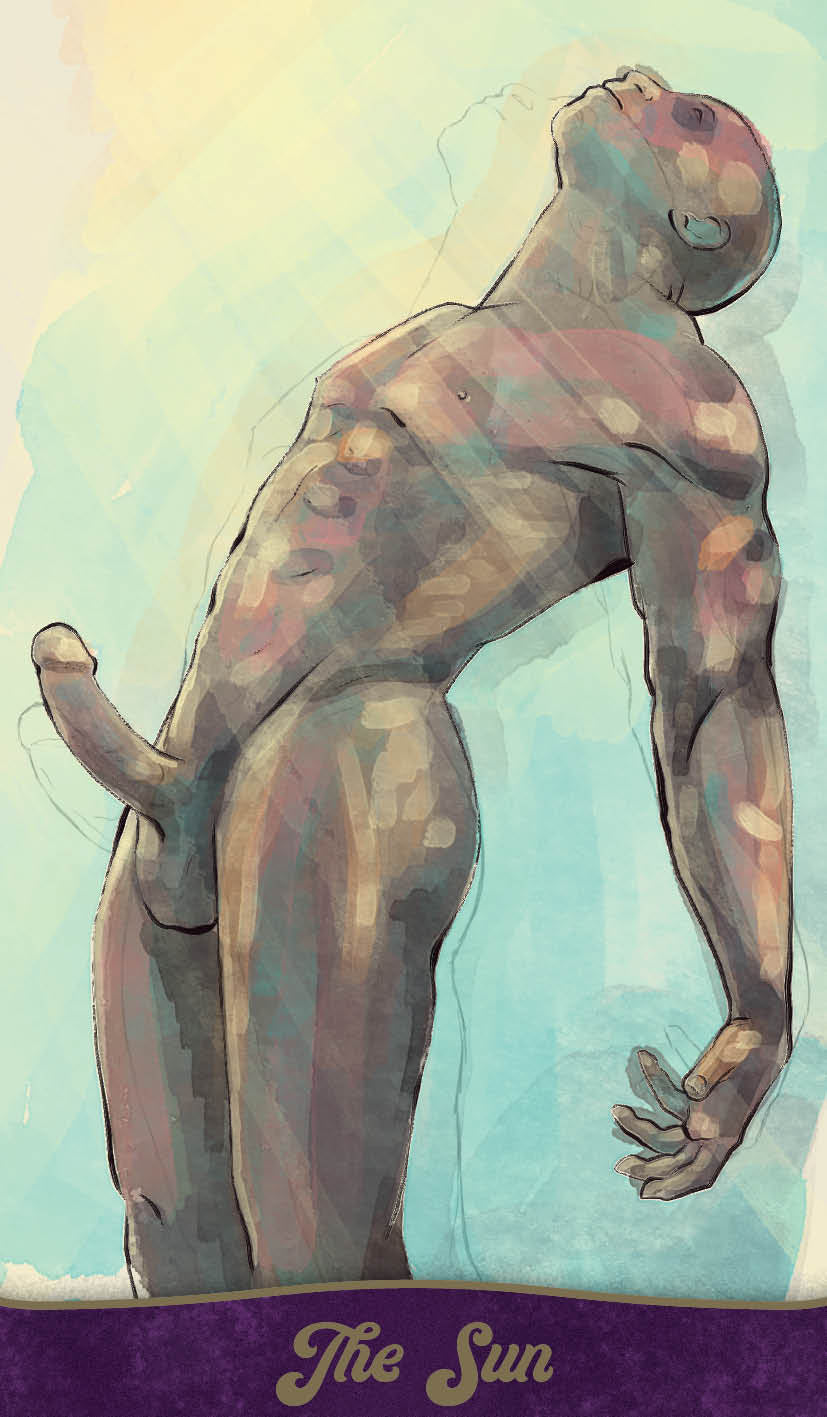 Artistic depiction of a standing figure with a colorful background labeled 'The Sun'.