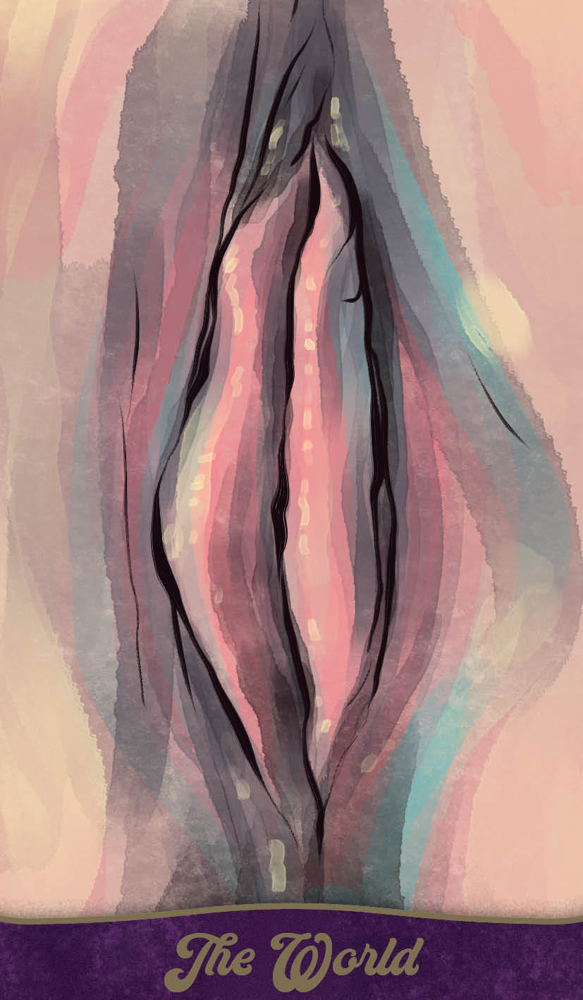 Artistic depiction of 'The World' tarot card with abstract design and text.
