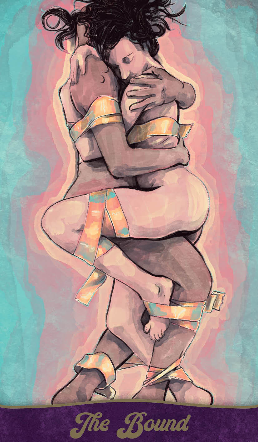 Illustration of a person bound with colorful tape against a gradient background