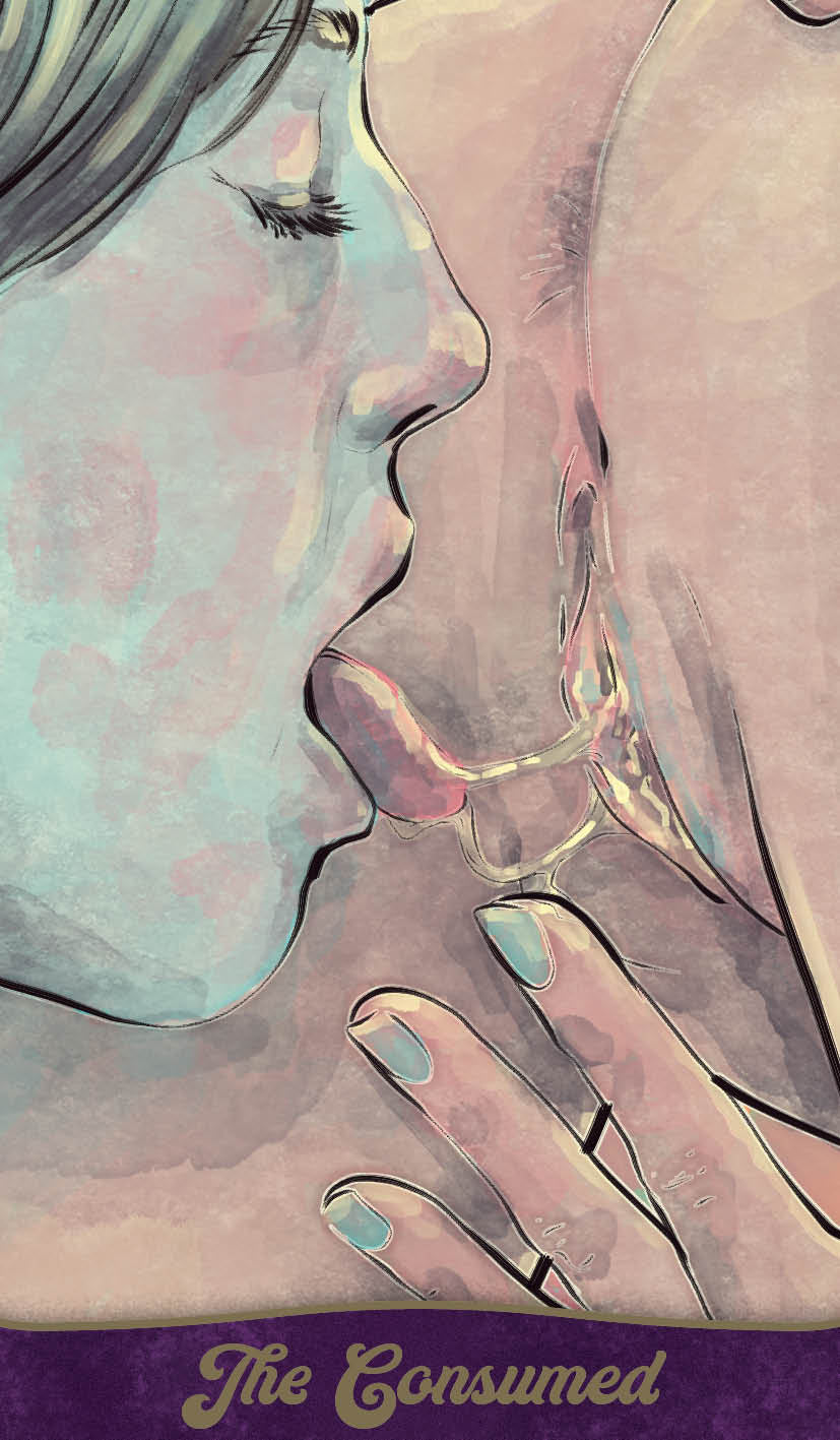 Artistic depiction of a face and hand with abstract colors and 'The Consumed' text at the bottom.