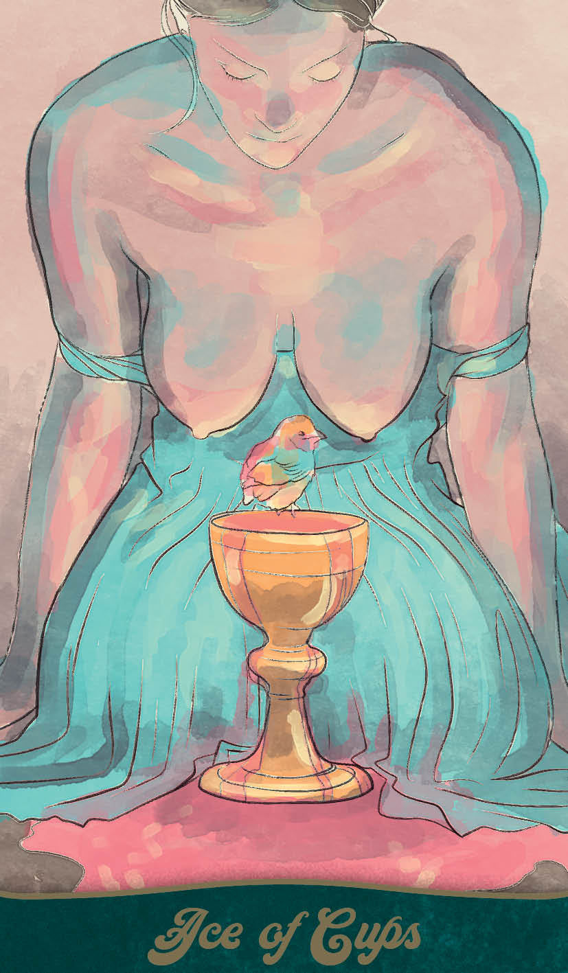 Illustration of a woman in a blue dress with a gold goblet and bird, titled 'Ice of Cups'.