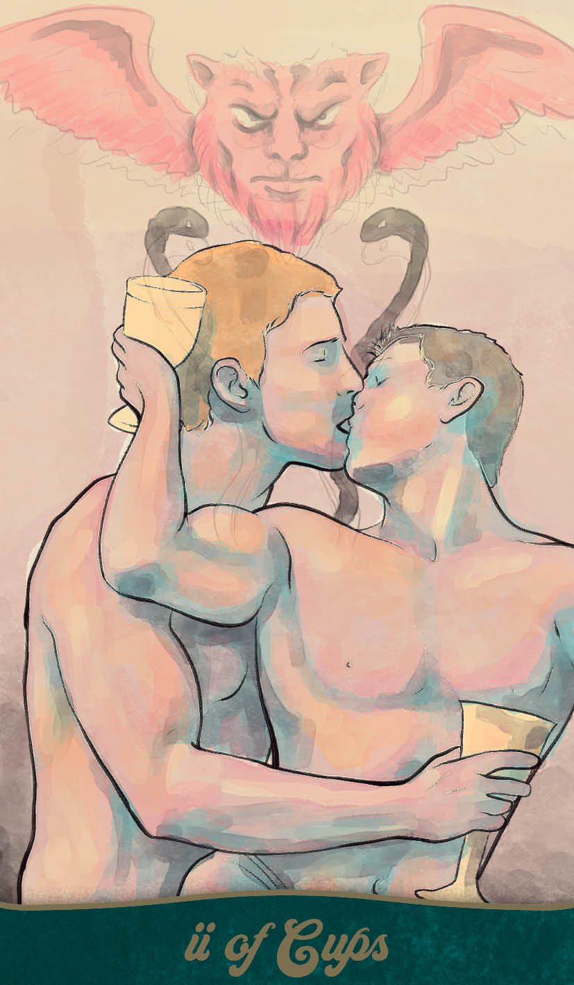 Artistic depiction of two figures embracing with a cup, inspired by tarot card design.