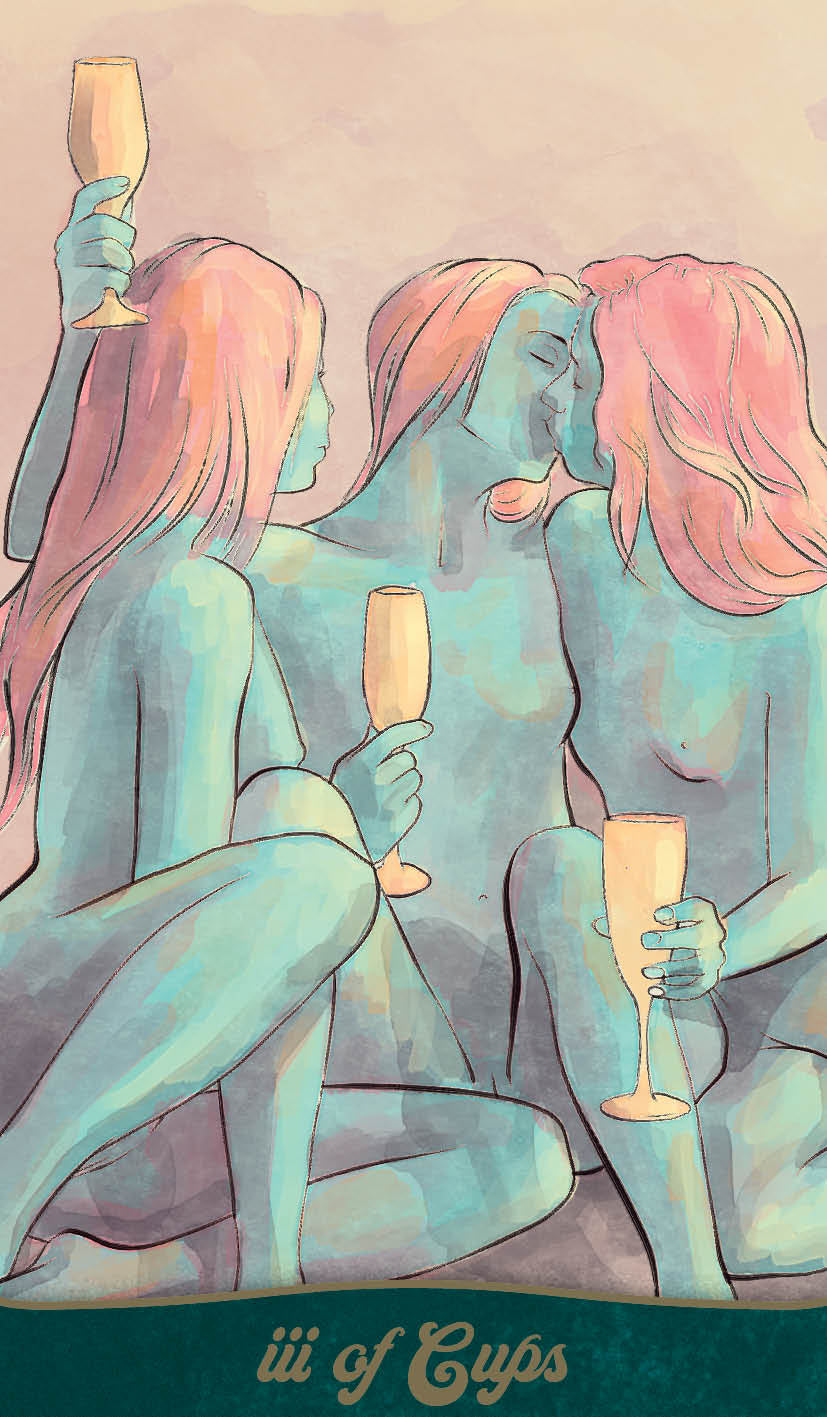Artistic depiction of two figures holding champagne glasses with a pastel color palette.