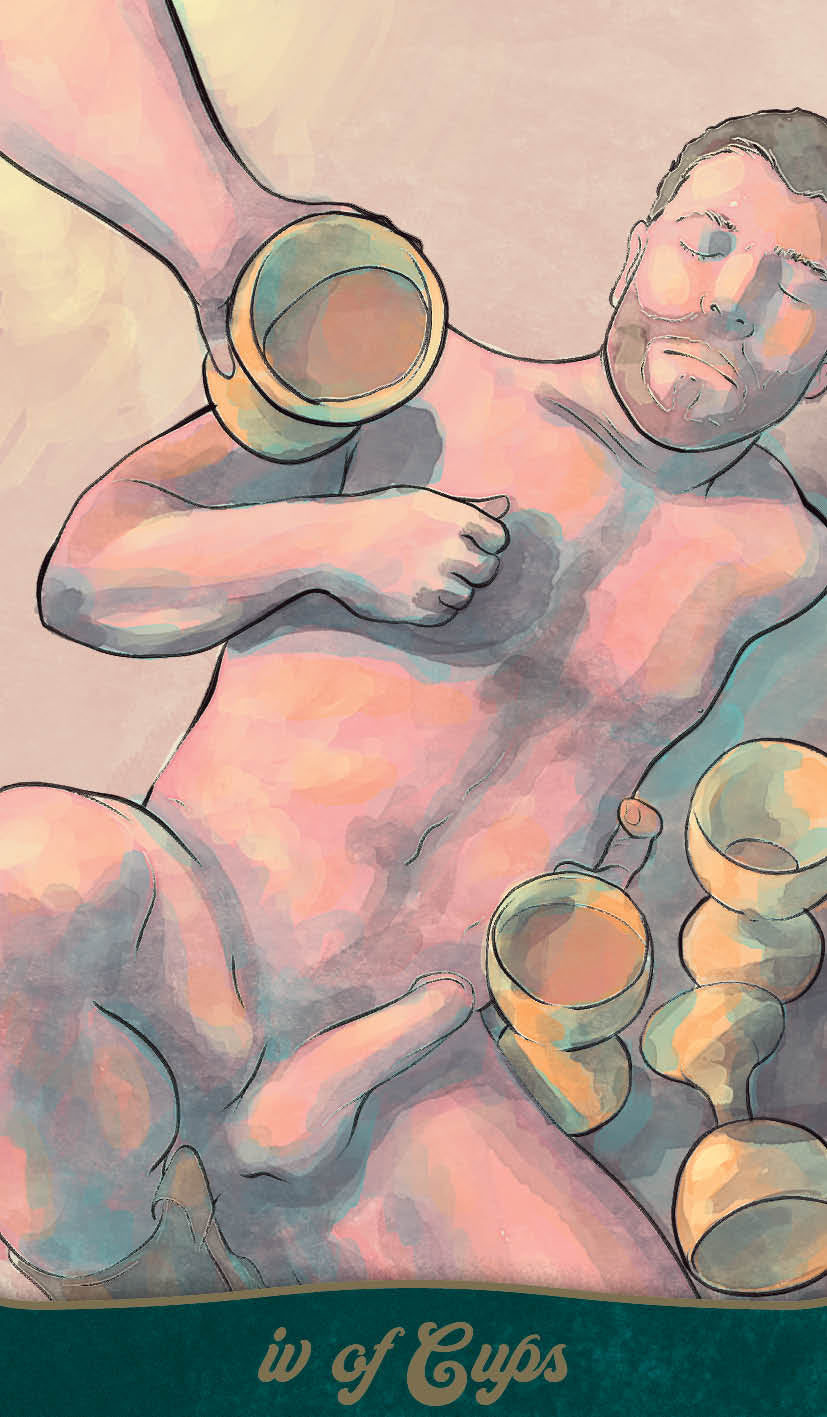Artistic depiction of a tarot card titled '4 of Cups' with abstract design elements.