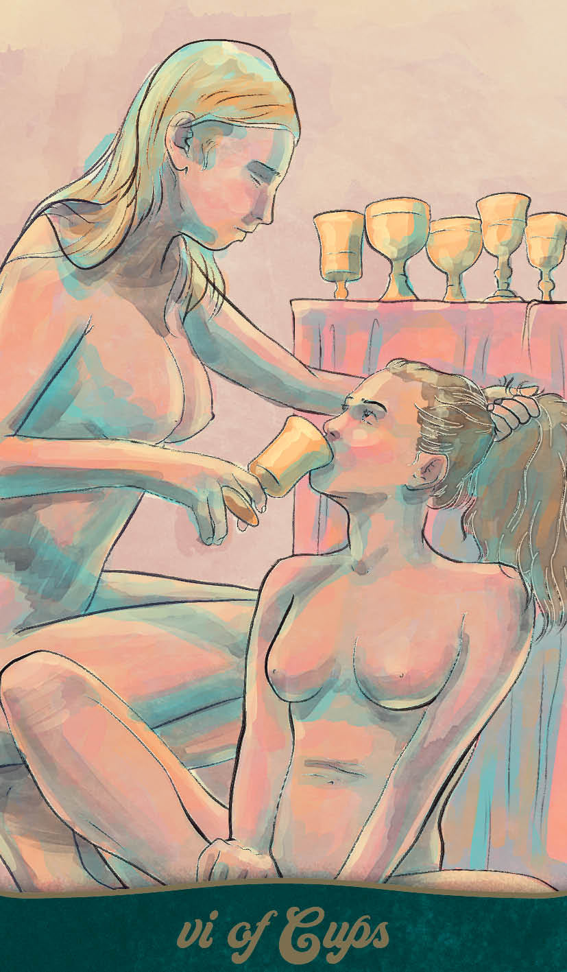Illustration of a tarot card titled 'vi of Cups' showing two people with cups on a table.
