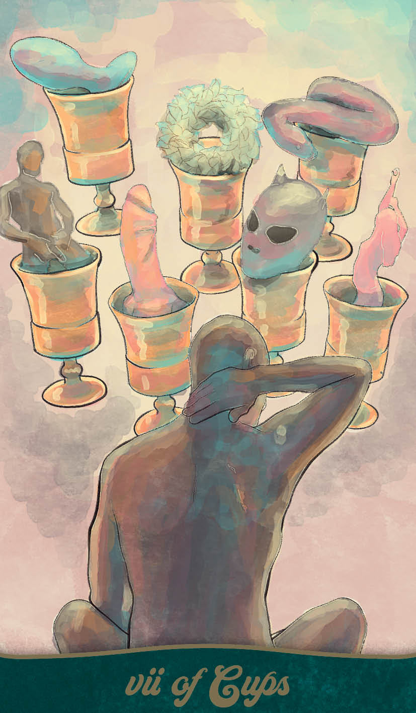 Card from a tarot deck with abstract figures and cups, titled 'VII of Cups'.