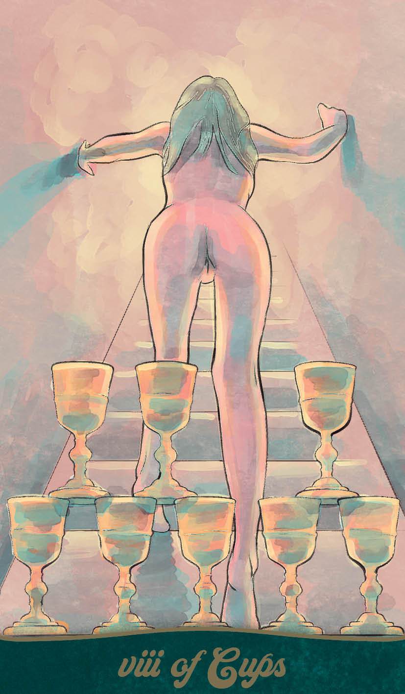 Nude figure standing on a pyramid of cups with a pastel background
