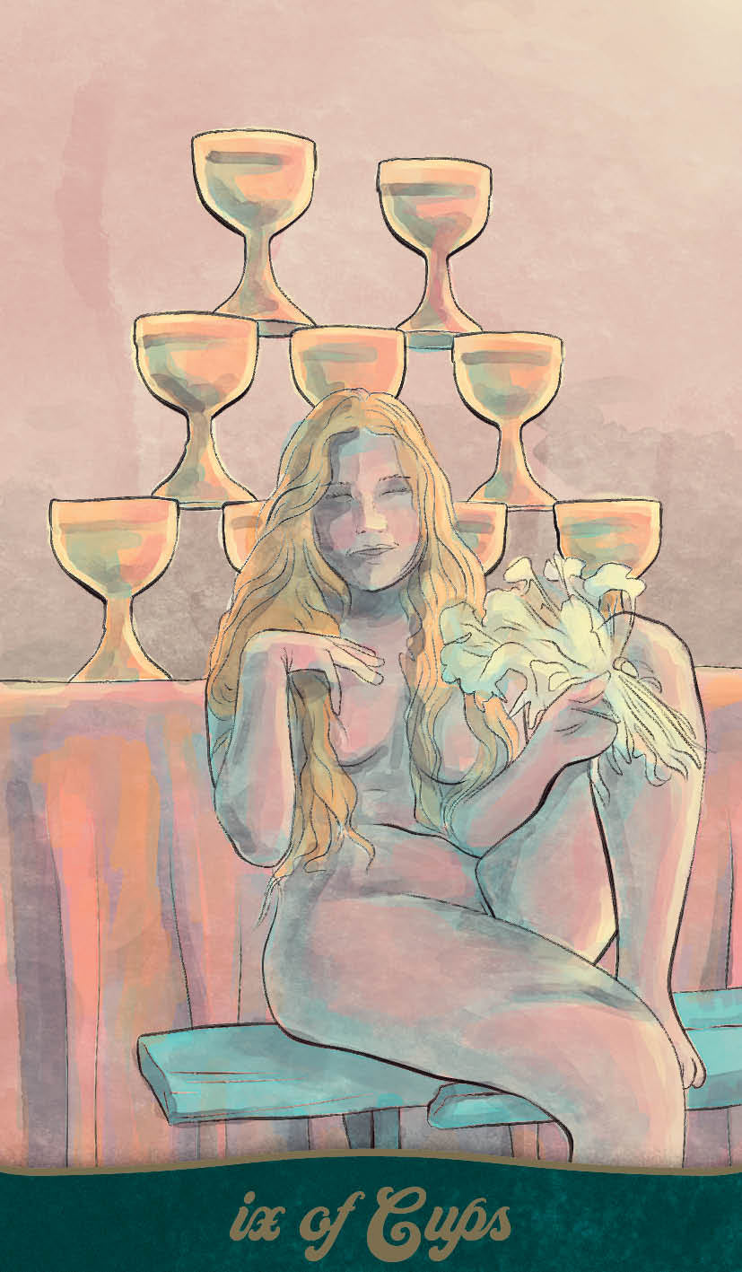 Artistic depiction of a tarot card titled 'ix of Cups' featuring a nude figure holding flowers.