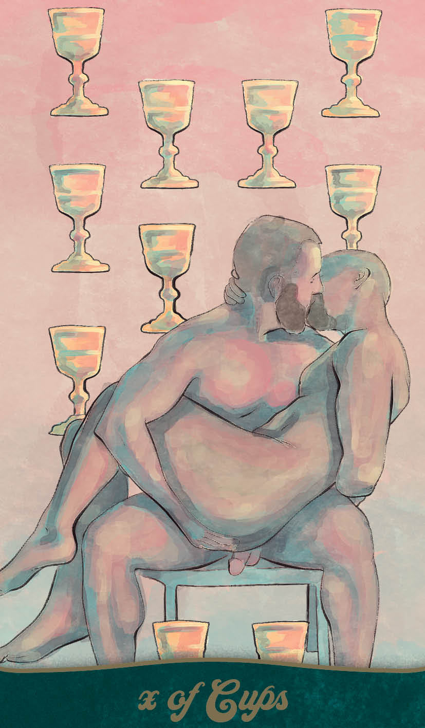 Tarot card featuring a couple and cups on a pastel background