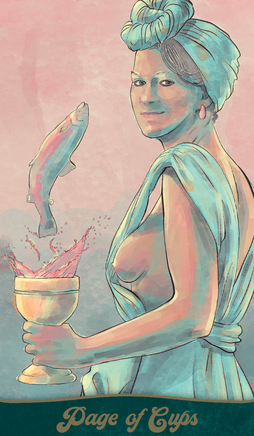Illustration of a figure holding a cup with a fish, titled 'Page of Cups'.