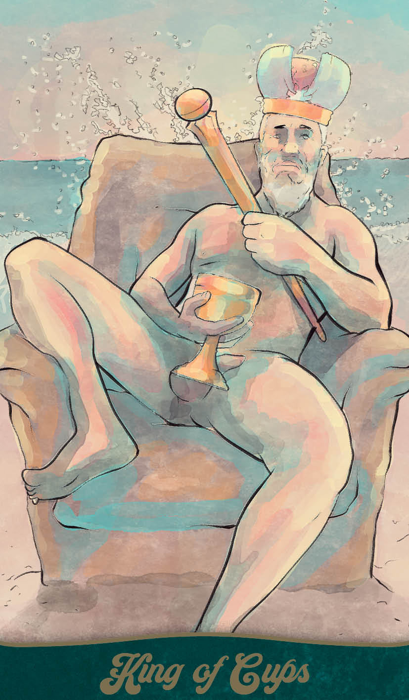 King of Cups tarot card with a pastel color palette