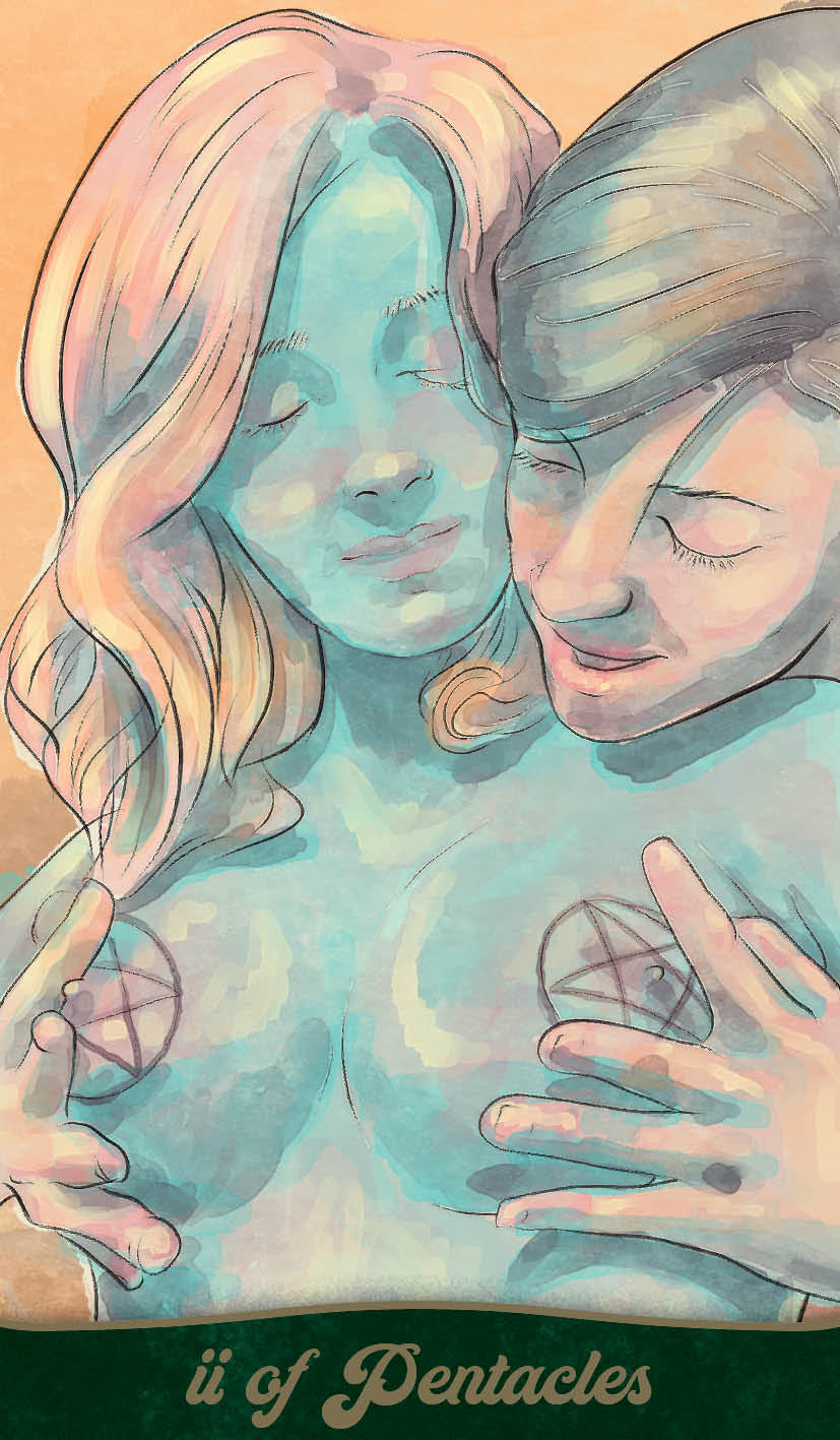 Artistic depiction of two women embracing with a tarot card design at the bottom.
