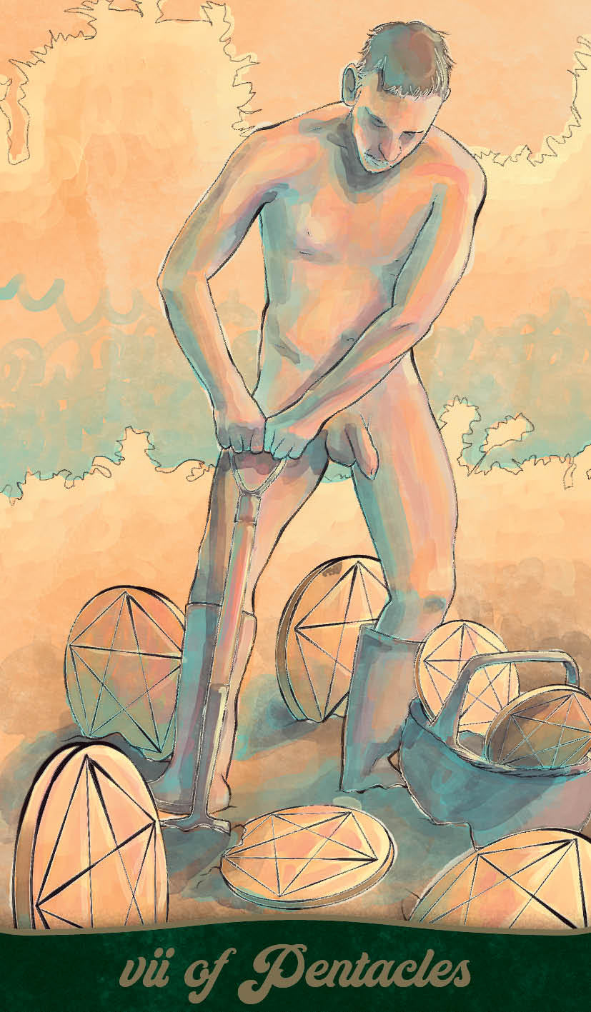 Artistic depiction of a man on a unicycle with geometric shapes, labeled 'VII of Pentacles'.