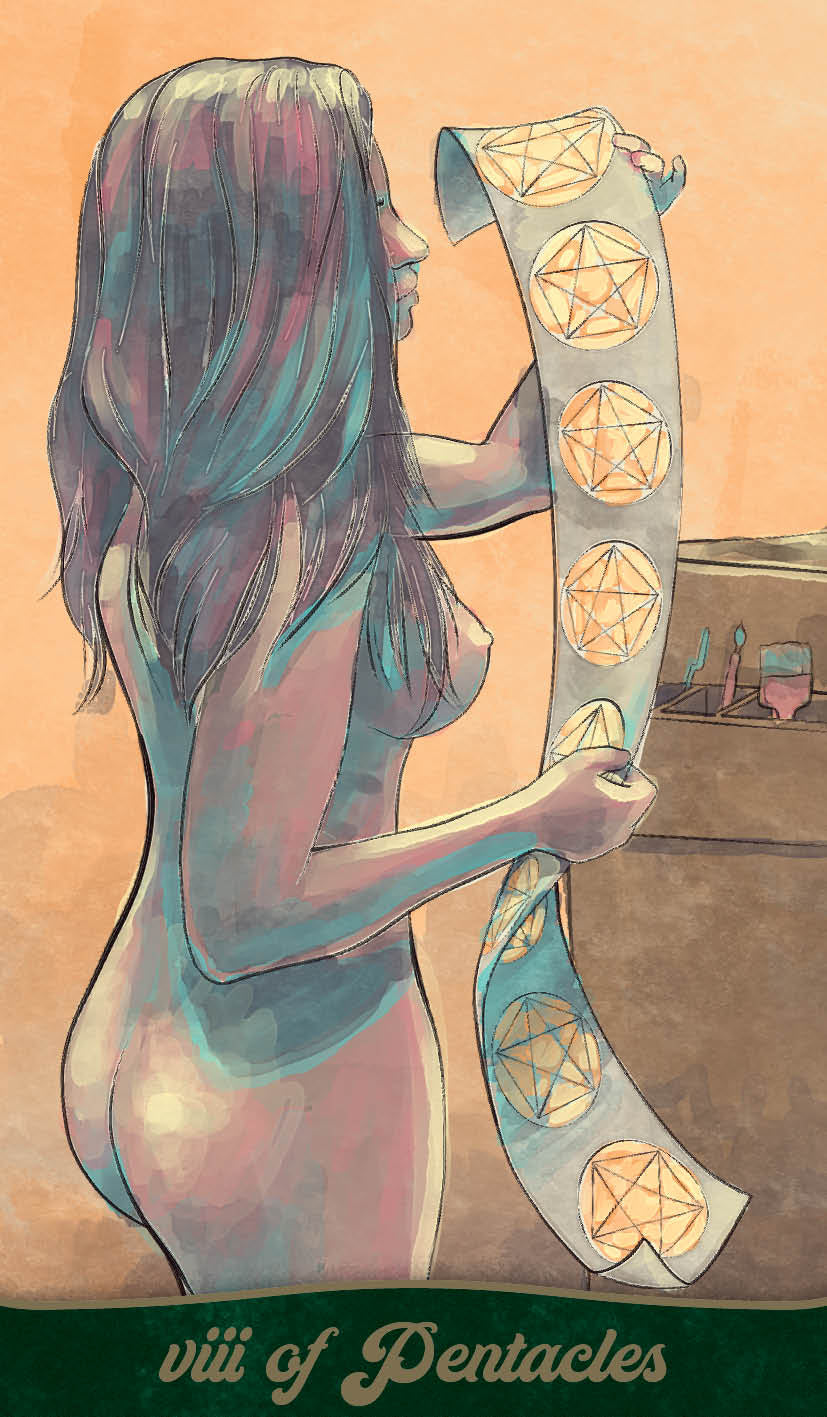 Illustration of a woman holding a banner with pentacle symbols, tarot card style.