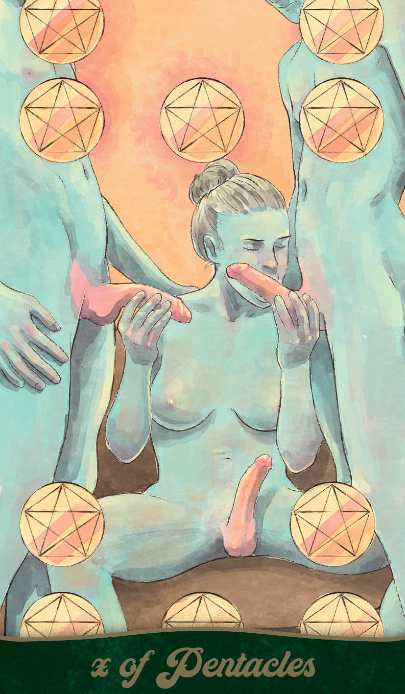 Artistic depiction of a woman with geometric shapes and 'X of Pentacles' text