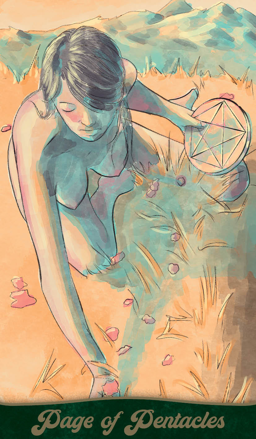 Illustration of a woman in a field with 'Page of Pentacles' text