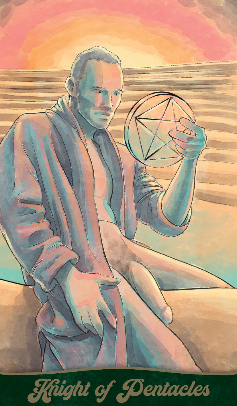 Illustration of a person holding a pentacle symbol with a colorful background, labeled 'Knight of Pentacles'.