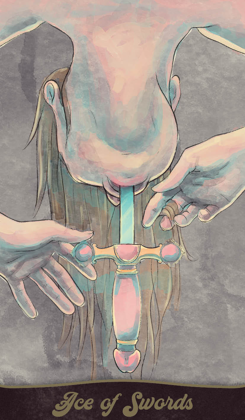 Illustration of a tarot card featuring hands holding a sword with 'Ice of Swords' text.