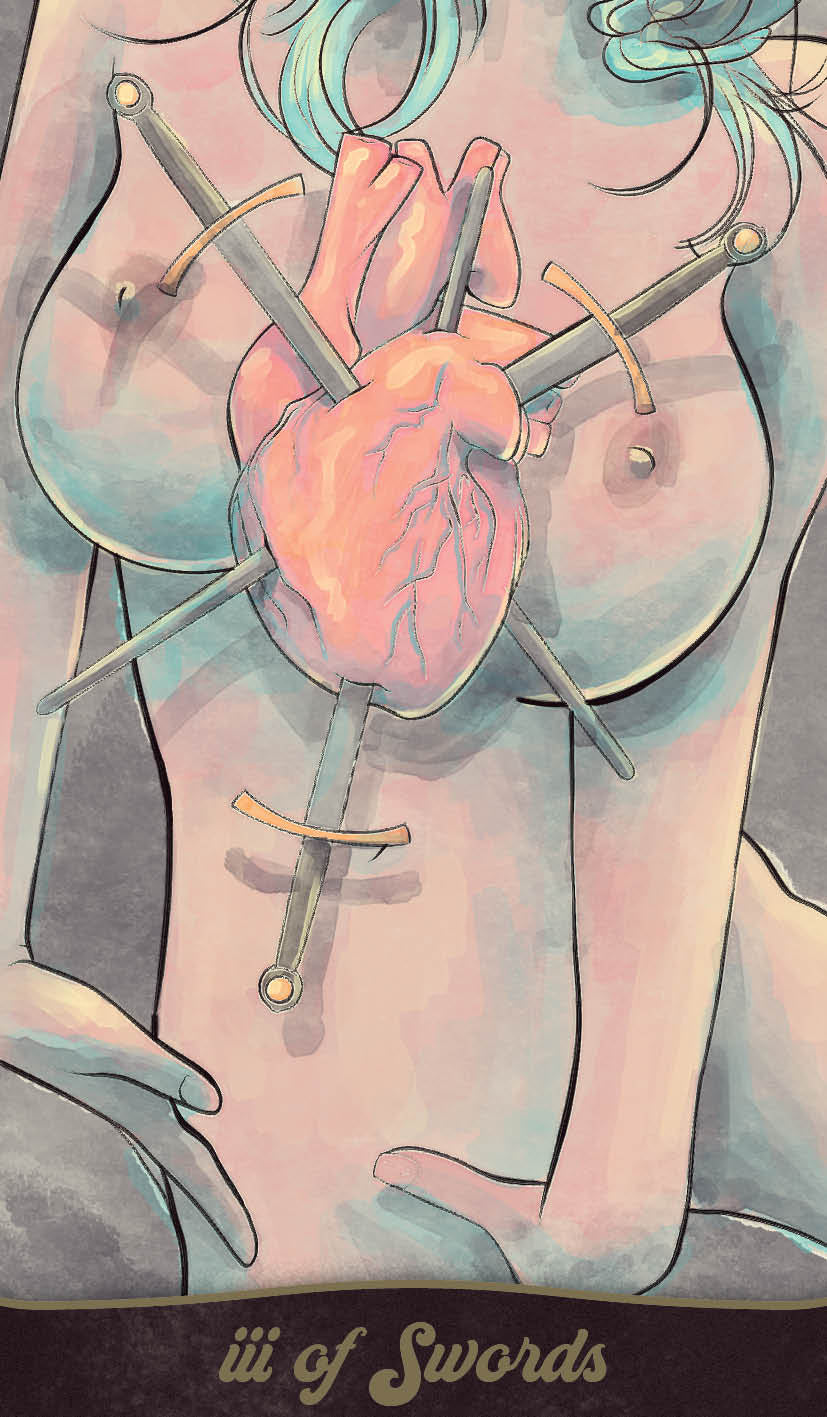 Card from a tarot deck showing an anagram of 'Swords' over a stylized heart.