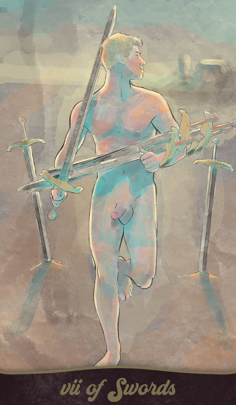 Artistic depiction of a figure holding swords with a mystical background