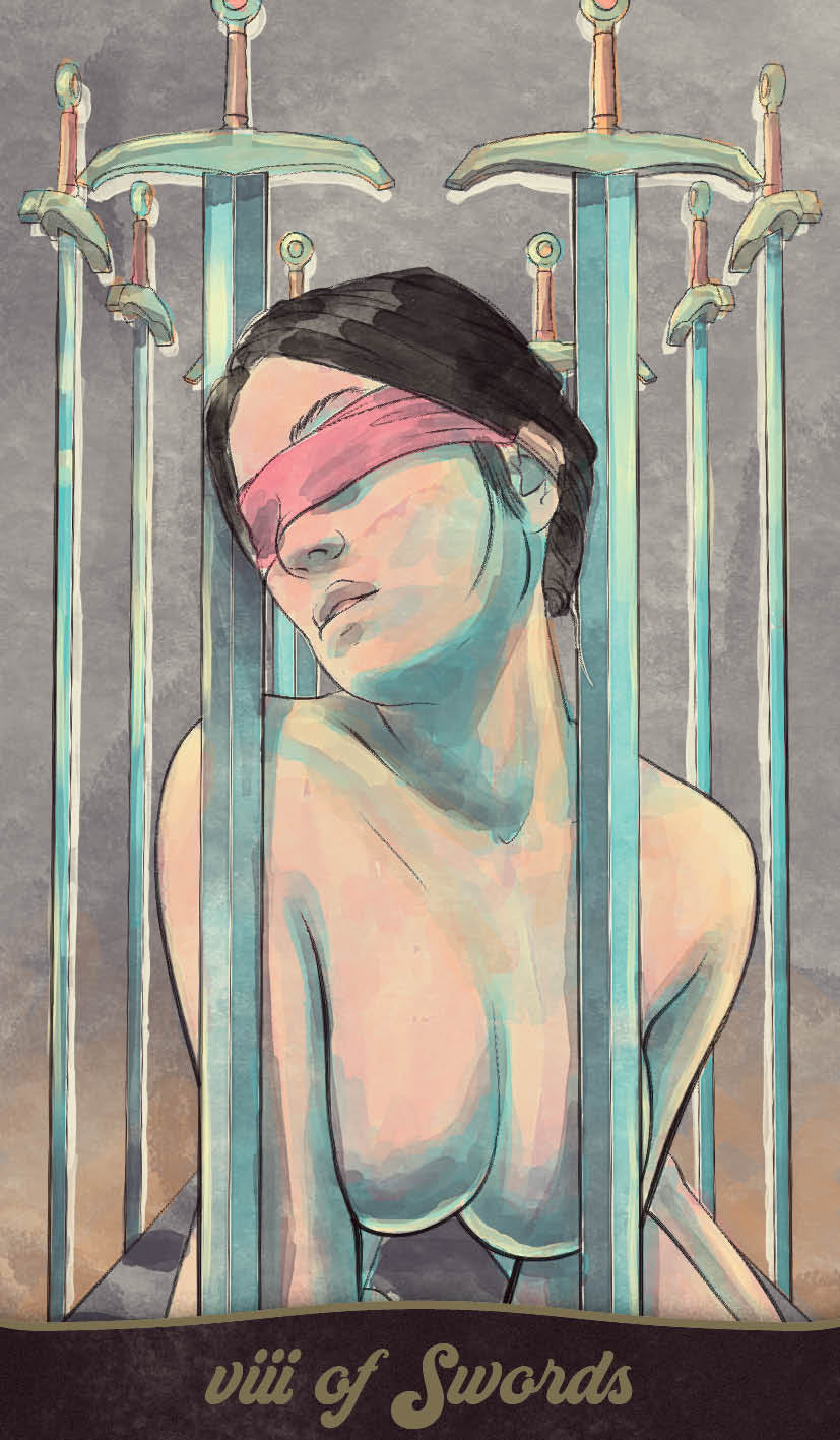 Artistic depiction of a woman with a blindfold behind bars, titled 'VIII of Swords'.
