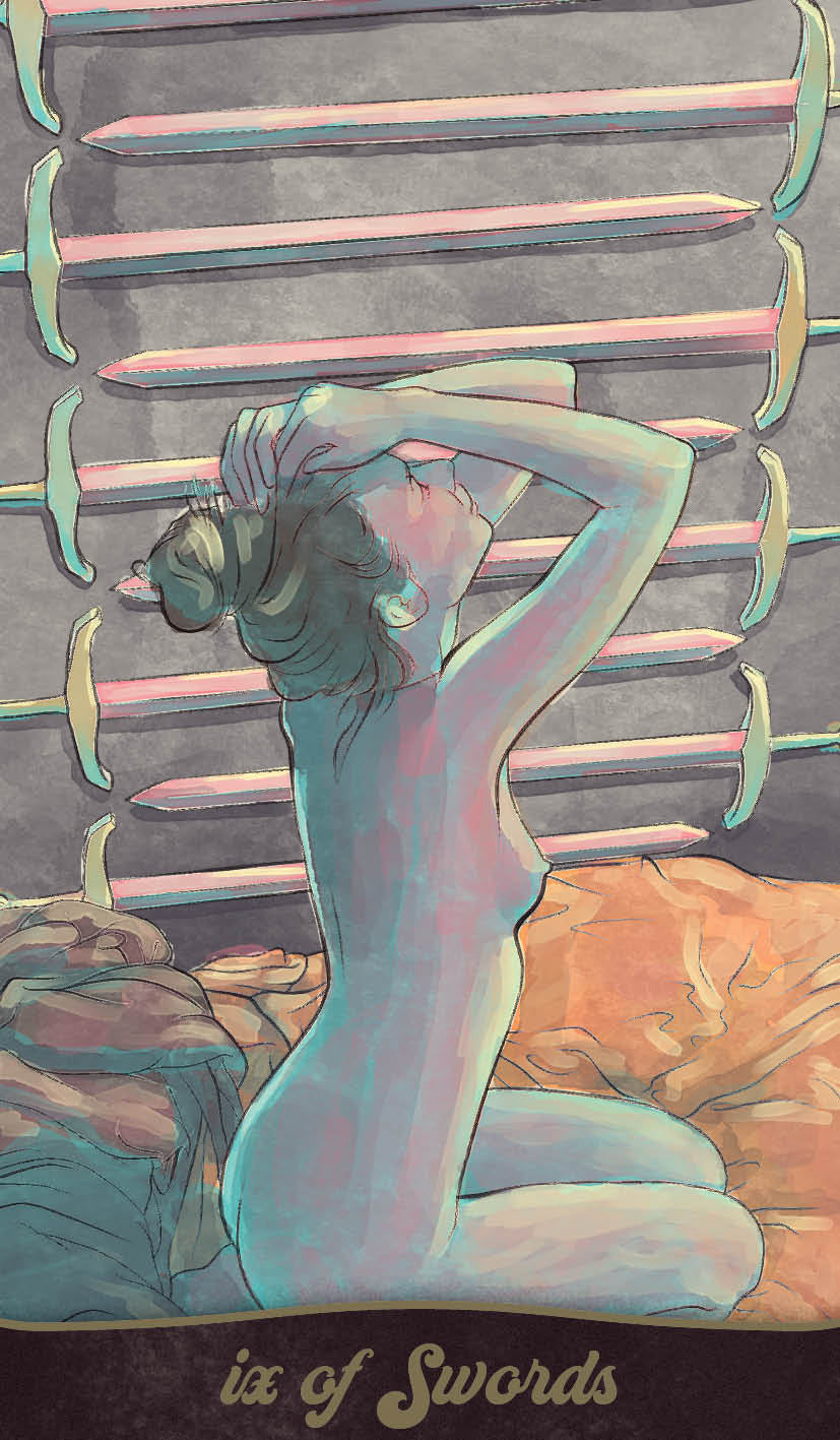 Illustration of a tarot card titled '10 of Swords' with a nude figure and swords in the background.
