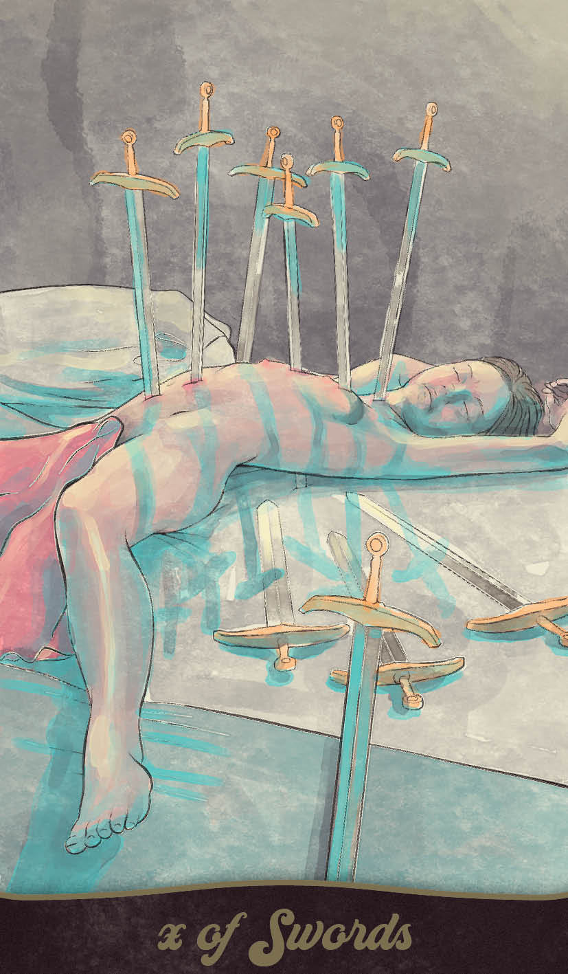 Card from a tarot deck showing a person under multiple swords with 'X of Swords' text.