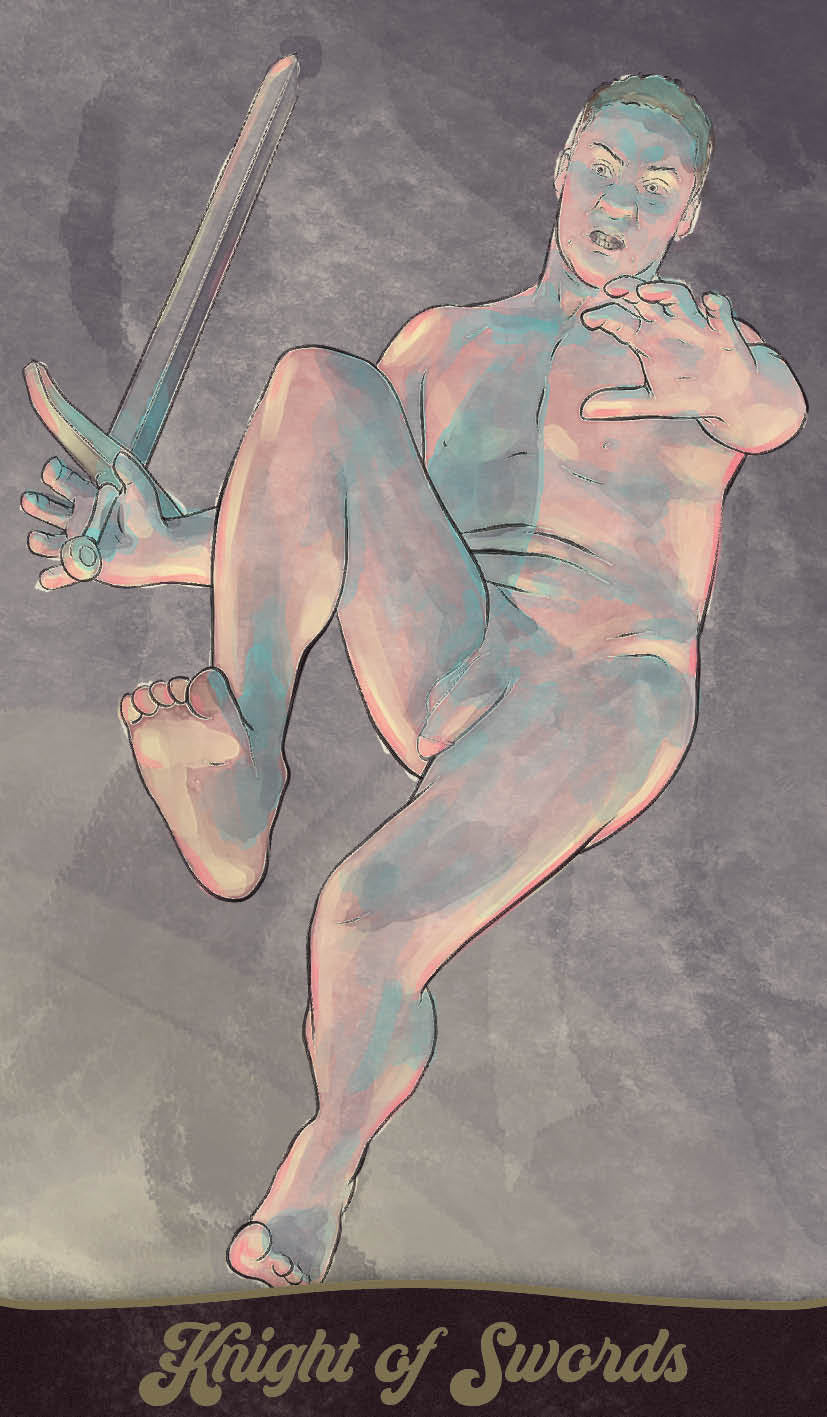 Artistic depiction of a figure labeled 'Knight of Swords' holding a sword on a textured background.