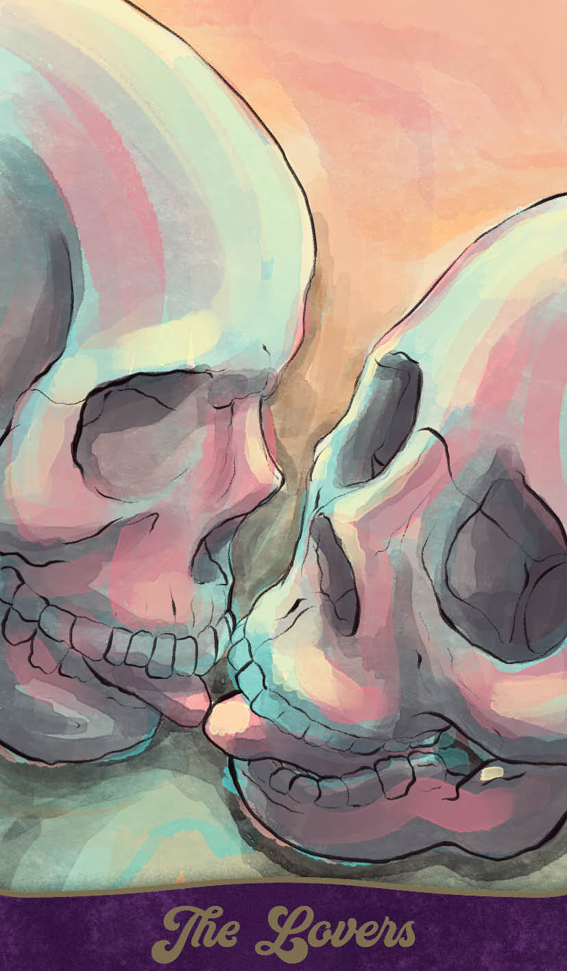 Artistic depiction of two skulls with a colorful background and 'The Lovers' text.