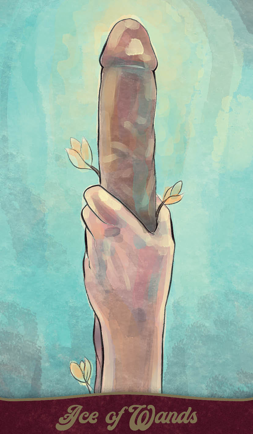Illustration of a hand holding a wand with a mystical background, featuring the text 'Ice of Wands'.