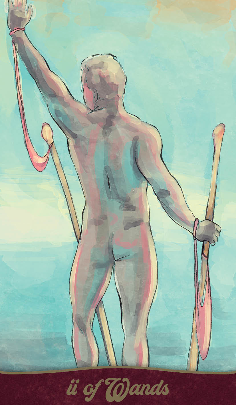 Tarot card featuring a nude figure holding wands against a pastel sky.