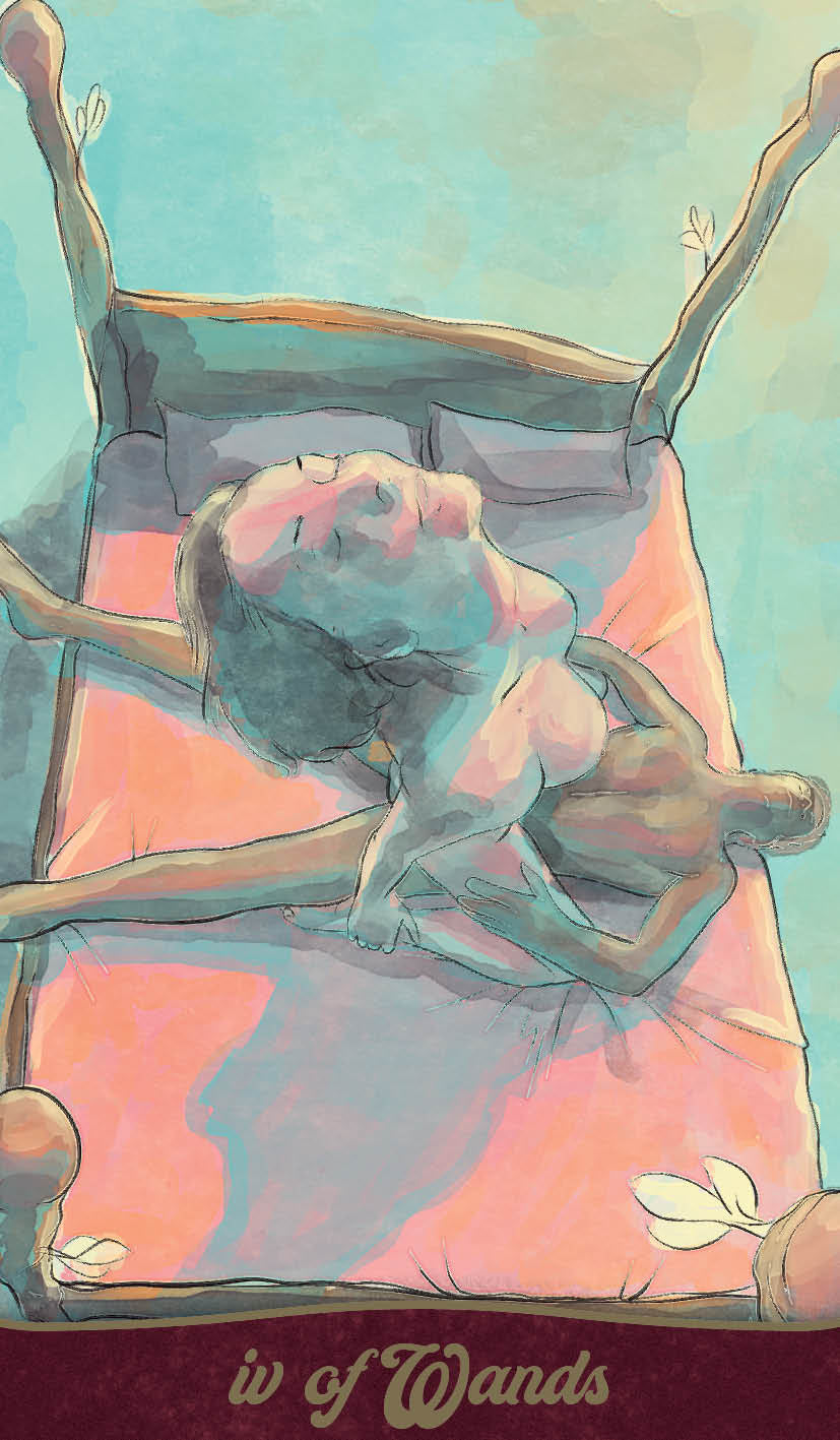 Card from a tarot deck showing two people on a bed with a colorful background