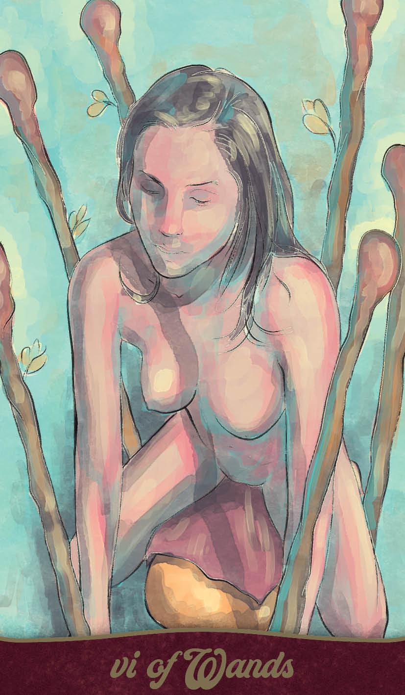 Artistic depiction of a woman surrounded by plants with a tarot card design.