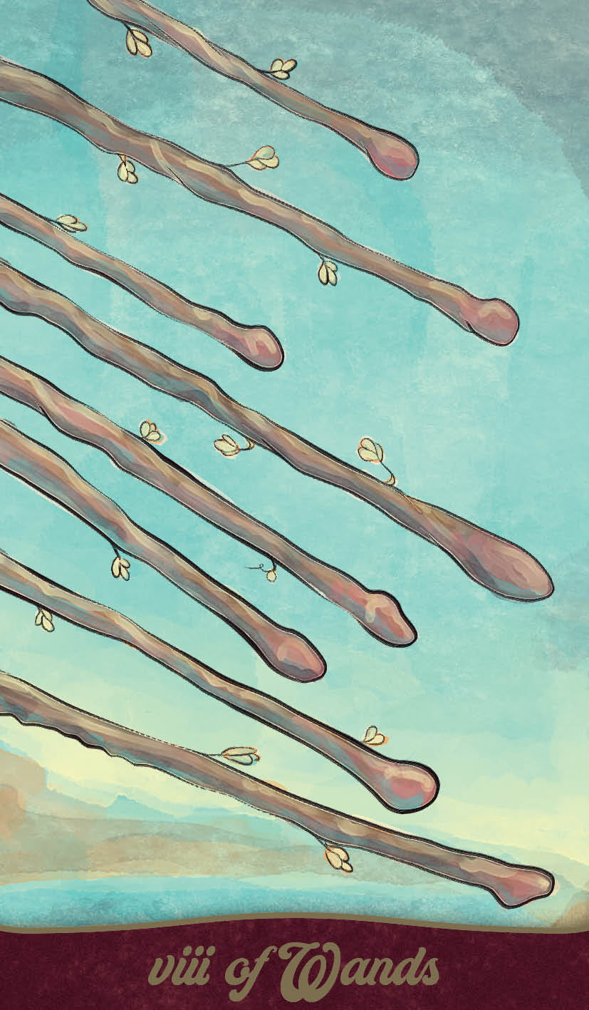 Card from a tarot deck showing wands against a blue and pink gradient background with 'VIII of Wands' text.