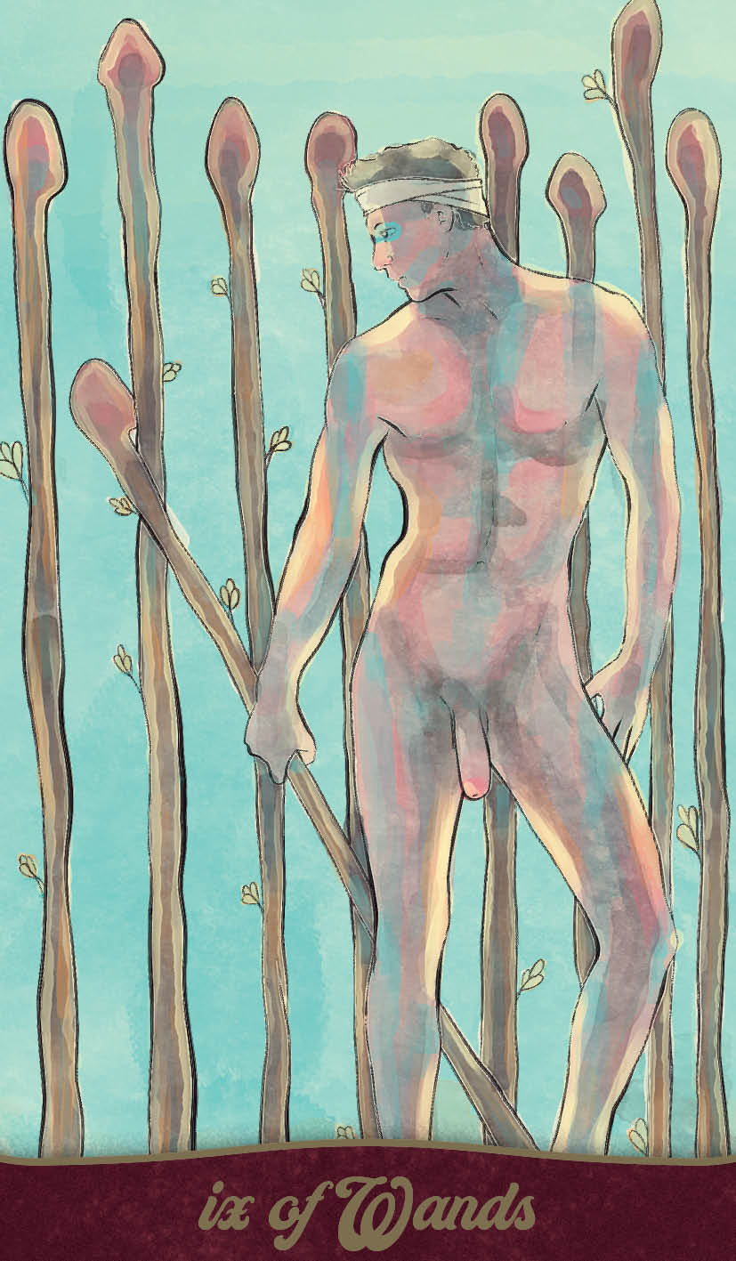 Naked figure standing among tall, thin plants with a blue-green background and 'ix of Wands' text at the bottom.