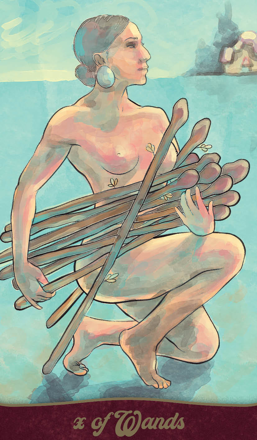 Tarot card featuring a nude figure holding sticks with a stylized background